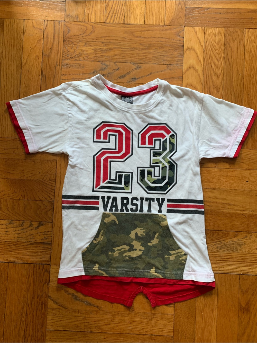 Quad Seven Varsity 23 Kids' Short Sleeve Tee - White with Red & Green Camo